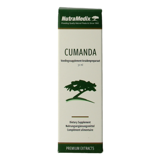 Nutramedix Cumanda herbal supplement in a 30ml bottle, part of Nutramedix's kruidenpreparaten for natural health.