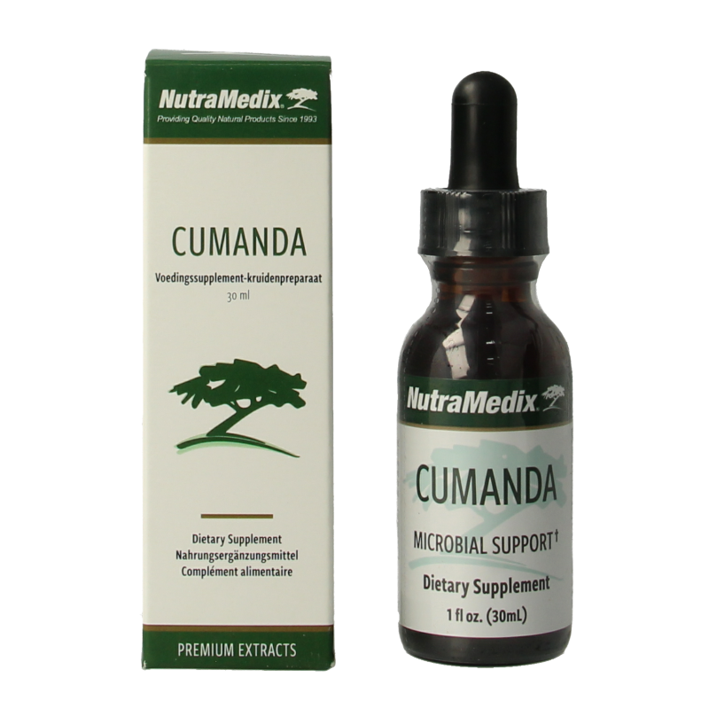 Bottle of Nutramedix Cumanda herbal supplement in 30ml dropper bottle, part of Nutramedix kruidpreparaten collection.