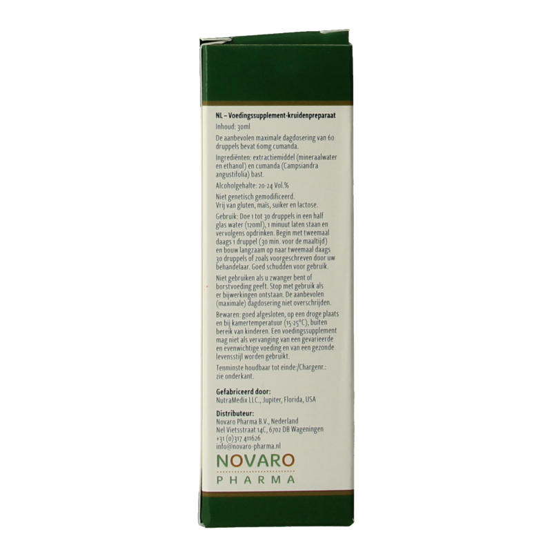 Nutramedix Cumanda herbal supplement in a 30ml bottle, part of Nutramedix kruidpreparaten line, with label and dropper cap visible.
