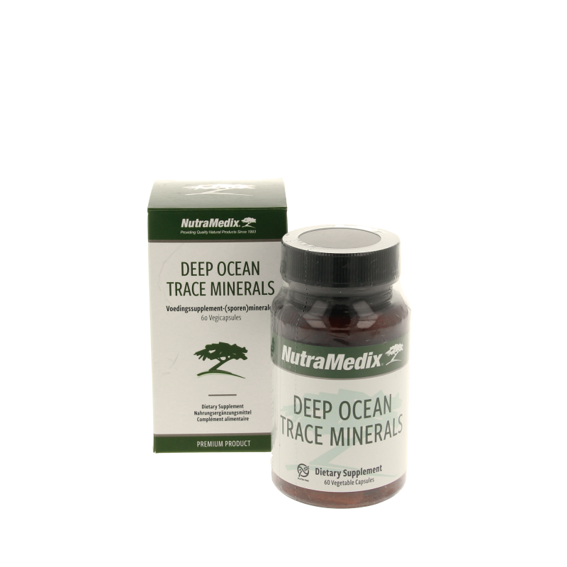 Nutramedix Deep Ocean Trace Minerals vegetarian capsules, mineral supplement with natural ocean-derived nutrients, shown in bottle.