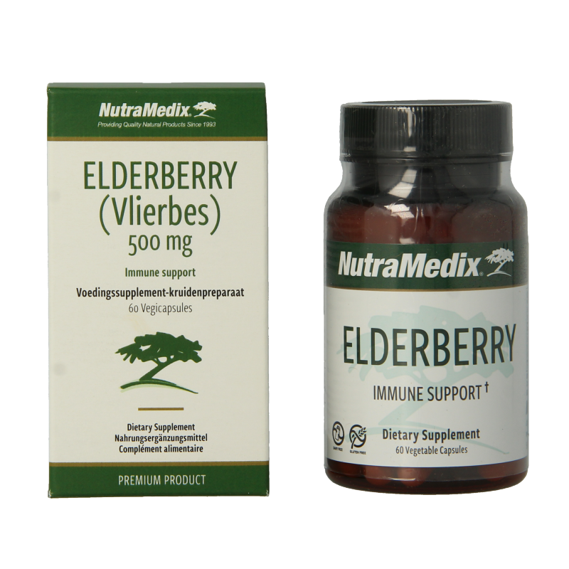 Nutramedix Vlierbes elderberry capsules, herbal supplement in a white bottle with capsules visible inside.