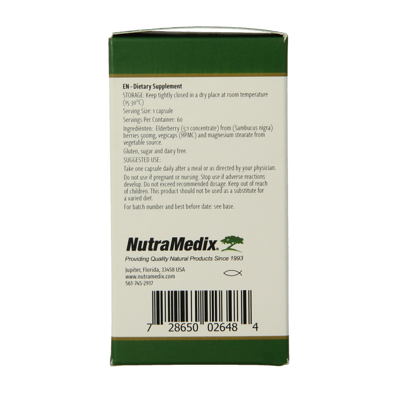 Nutramedix Vlierbes elderberry capsules in a bottle, herbal supplement for immune support, part of Nutramedix kruidenpreparaten line.