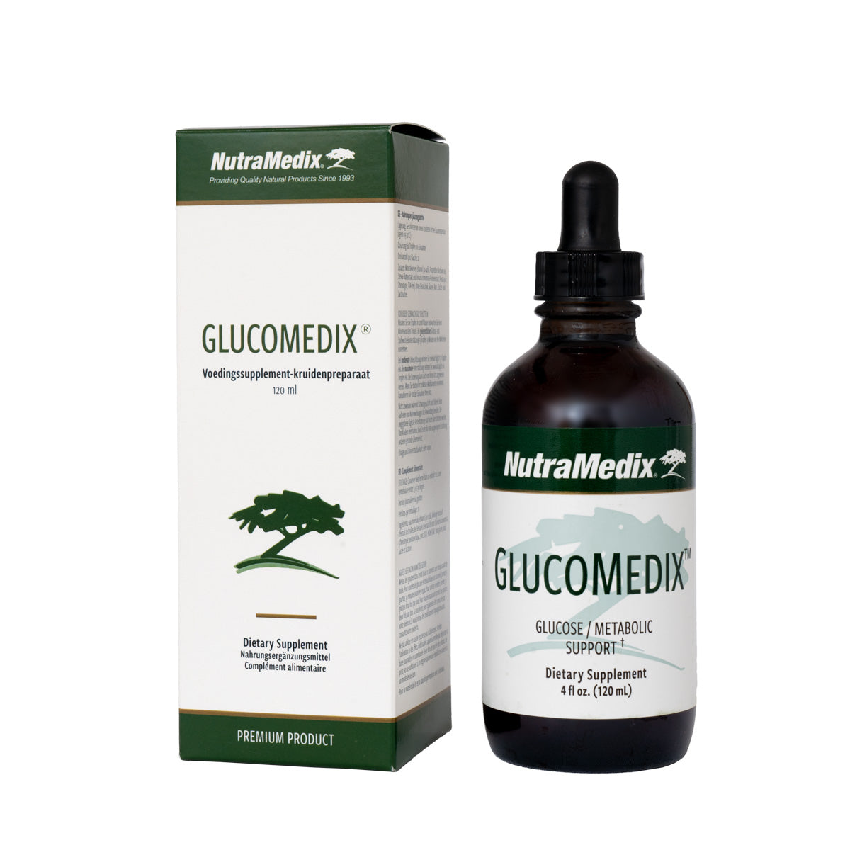 Nutramedix Glucomedix herbal preparation in a 120ml bottle, featuring natural herbal ingredients for wellness.