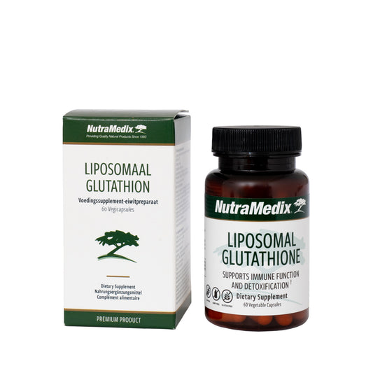 Nutramedix Glutathion liposomaal capsules, herbal supplement in a bottle, showing 60 capsules for immune support and antioxidant health.