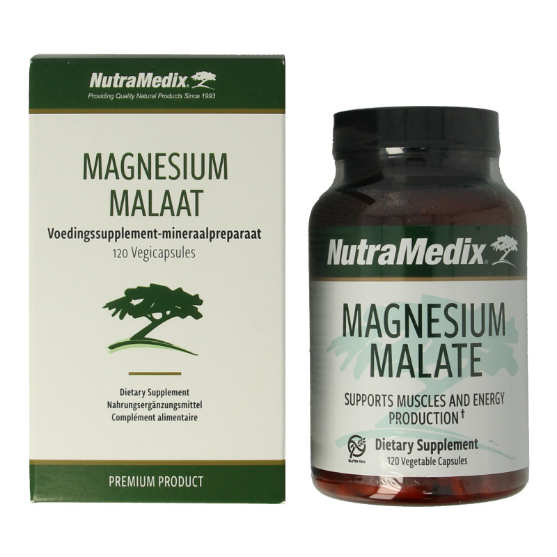 Nutramedix Magnesium Malate capsules, vegetarian mineral supplement, 120 count, close-up of the supplement bottles and capsules.