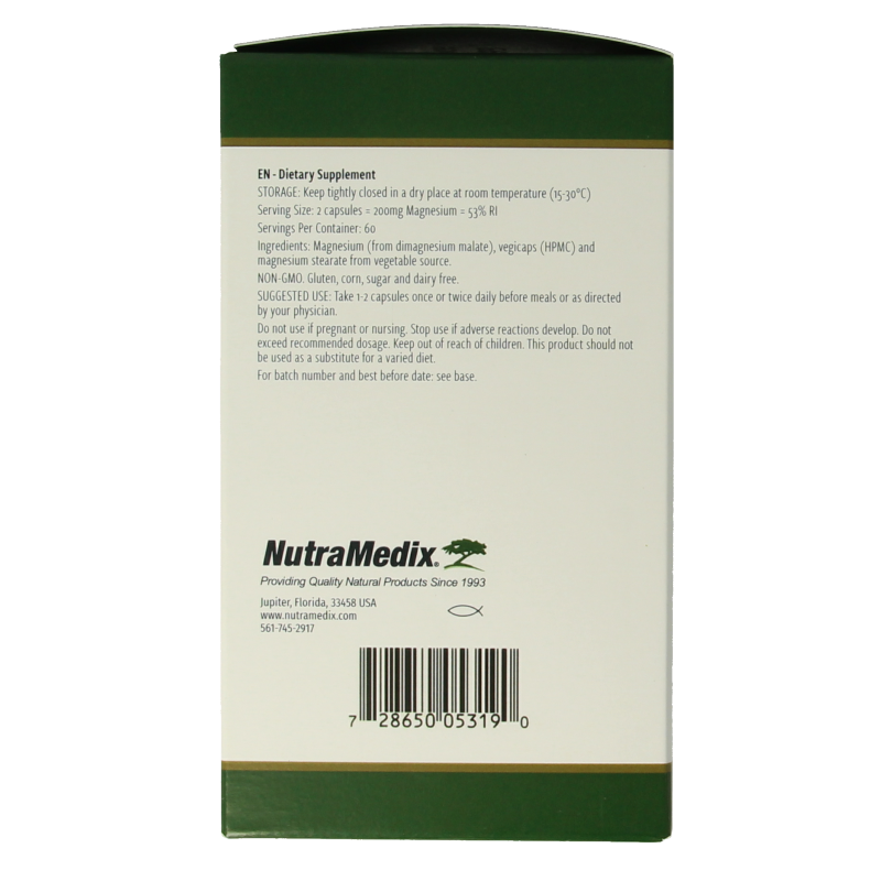Nutramedix Magnesium Malate capsules in a bottle, vegetarian mineral supplement for muscle support and energy production.