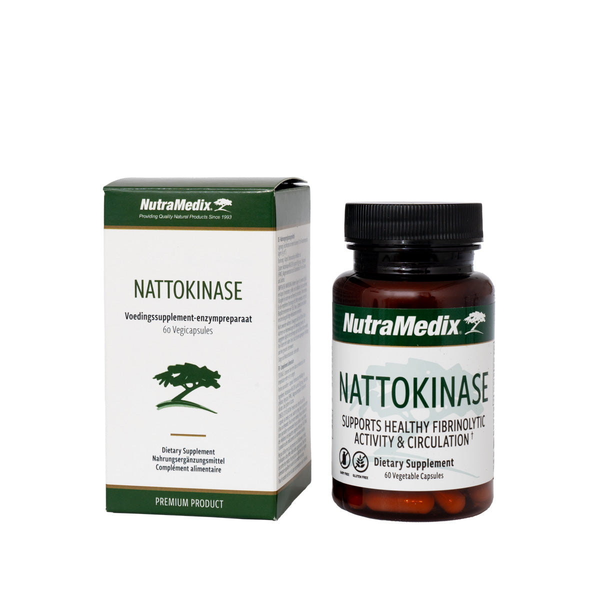 Nutramedix Nattokinase capsules without vitamin K, herbal supplement in a bottle, 60 capsules for supporting cardiovascular health.