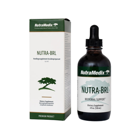 Nutramedix Nutra-BRL herbal supplement in a 120ml bottle, part of Nutramedix kruidenpreparaten collection, displayed in the image.