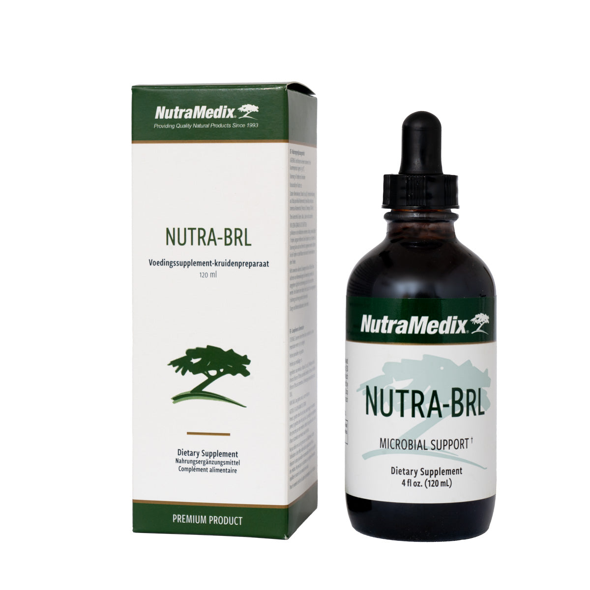 Nutramedix Nutra-BRL herbal remedy bottle, 120ml, with label showing product details and branding for herbal supplement.