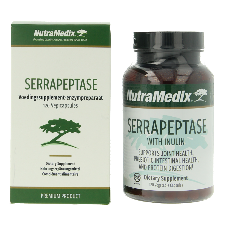 Nutramedix Serrapeptase vegetarian capsules, herbal supplement in a clear bottle with white capsules on a white background.