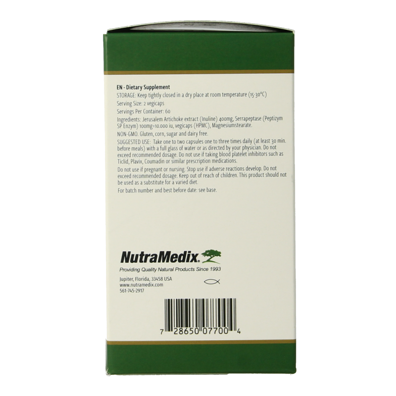 Nutramedix Serrapeptase vegetarian capsules, herbal supplement in white bottle with label, displayed on a plain background.