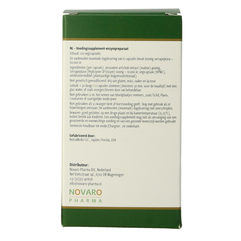 Nutramedix Serrapeptase vegetarian capsules, herbal supplement in white and green bottle, close-up of supplement packaging.