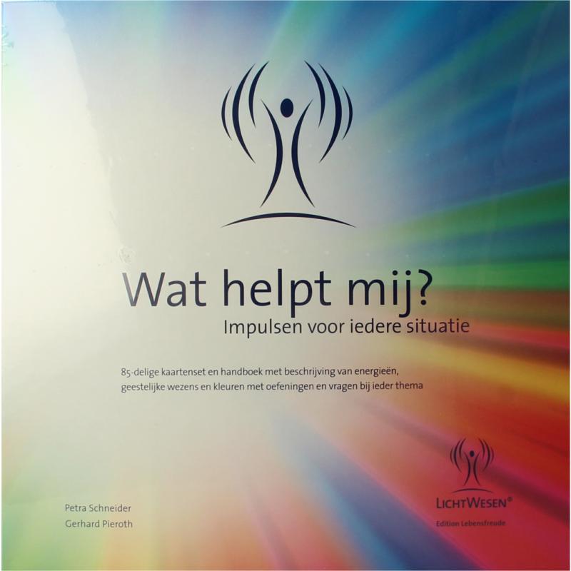 Lichtwesen Wat helpt mij + kaarten boek in Dutch, featuring colorful illustrations and spiritual guidance pages.