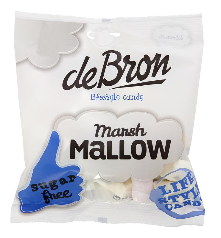 De Bron suikervrije marshmallows snoepgoed in 75 gram package, soft white treats with a fluffy texture.
