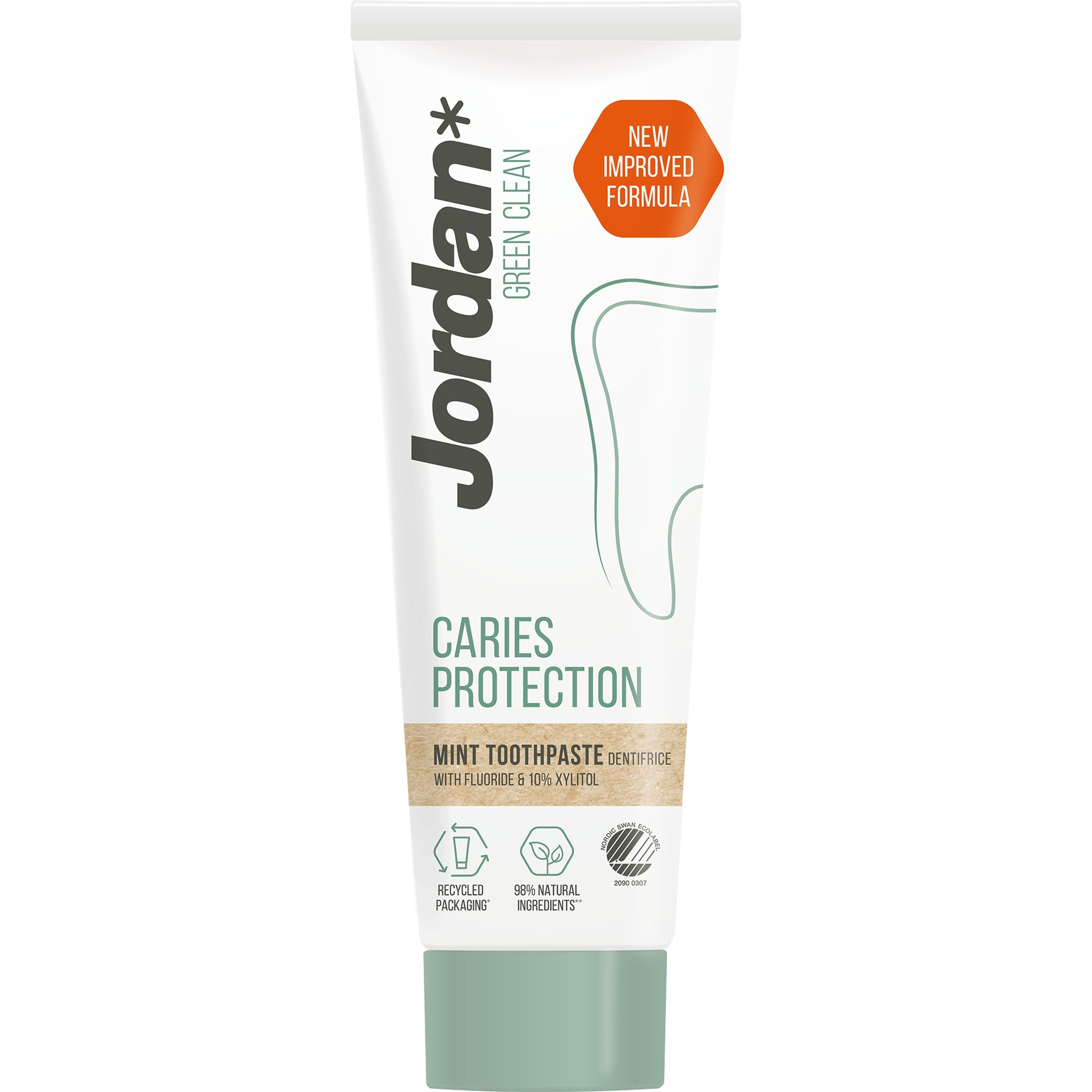 Jordan Clean toothpaste for caries protection, 75ml tube, showing the packaging and product branding.
