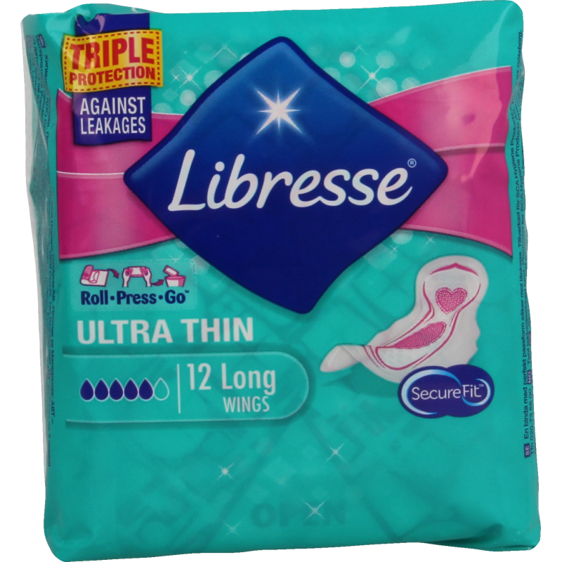 Libresse Ultra long wing sanitary pads for women, showing 12 packs with absorbent, breathable material and secure wing design.