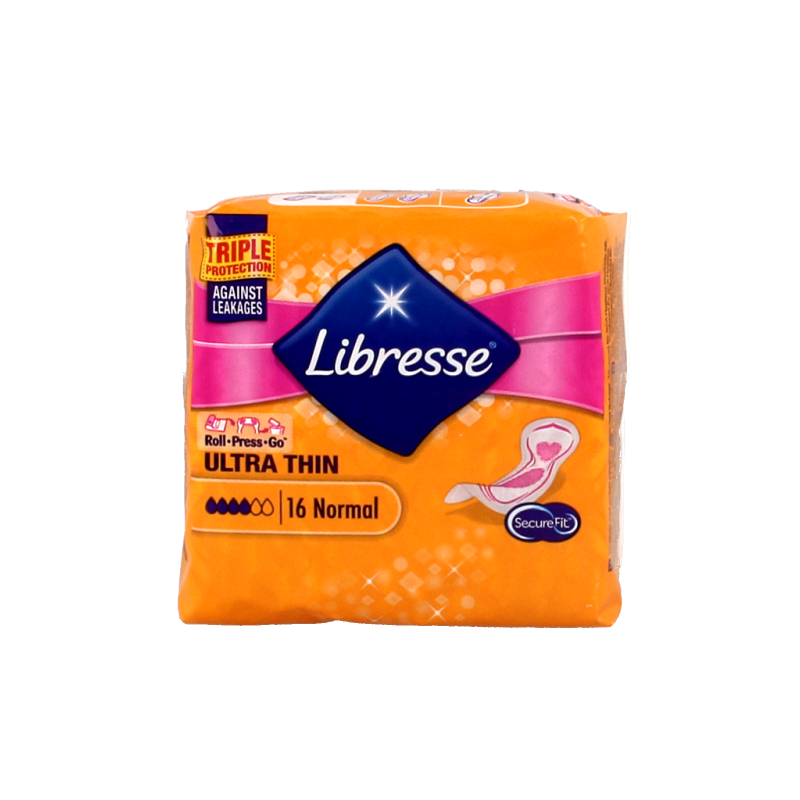 Libresse Ultra Thin Ultra Triple Protection sanitary pads and tampons package, 16-count, feminine hygiene product for women
