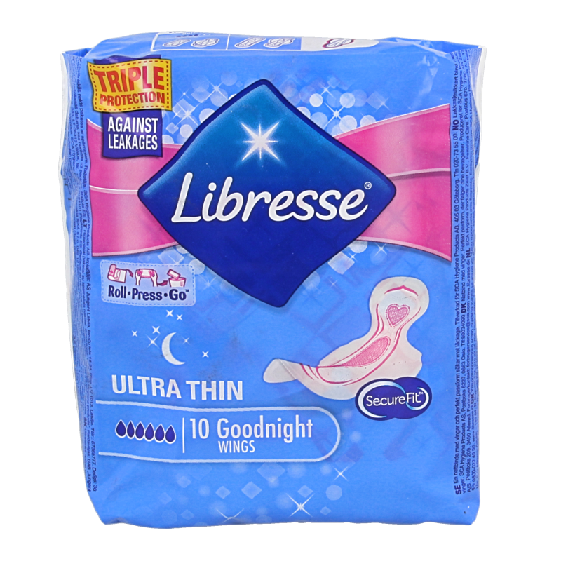 Libresse Ultra Thin Goodnight Wings 10-pack, feminine feminine pads with discreet, thin design for overnight protection