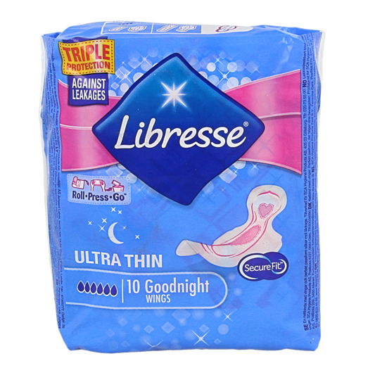 Libresse Ultra Thin Goodnight Wings 10-pack, feminine feminine pads with discreet, thin design for overnight protection