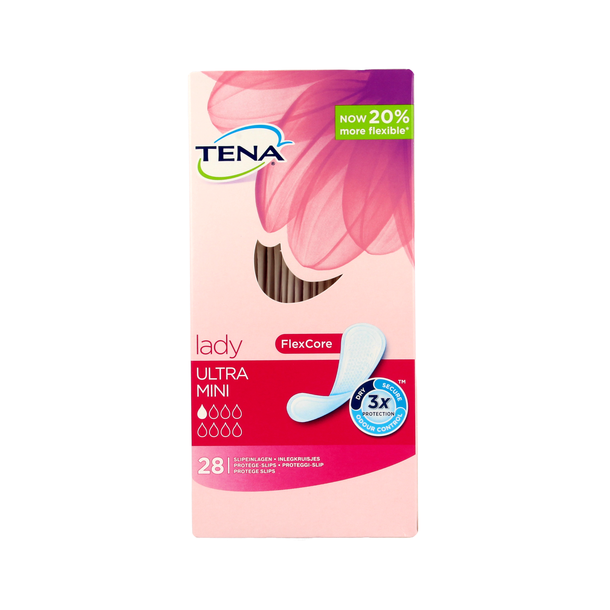 Tena Lady Ultra Mini incontinence pads, 28 pieces, showing discreet absorbent underwear designed for women.
