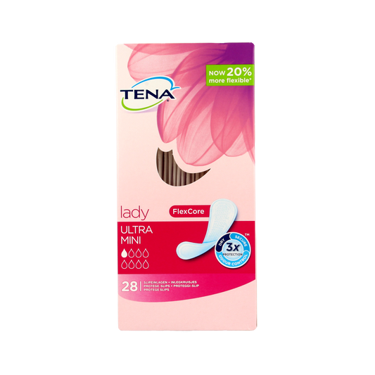 Tena Lady Ultra Mini incontinence pads, 28 pieces, showing discreet absorbent underwear designed for women.