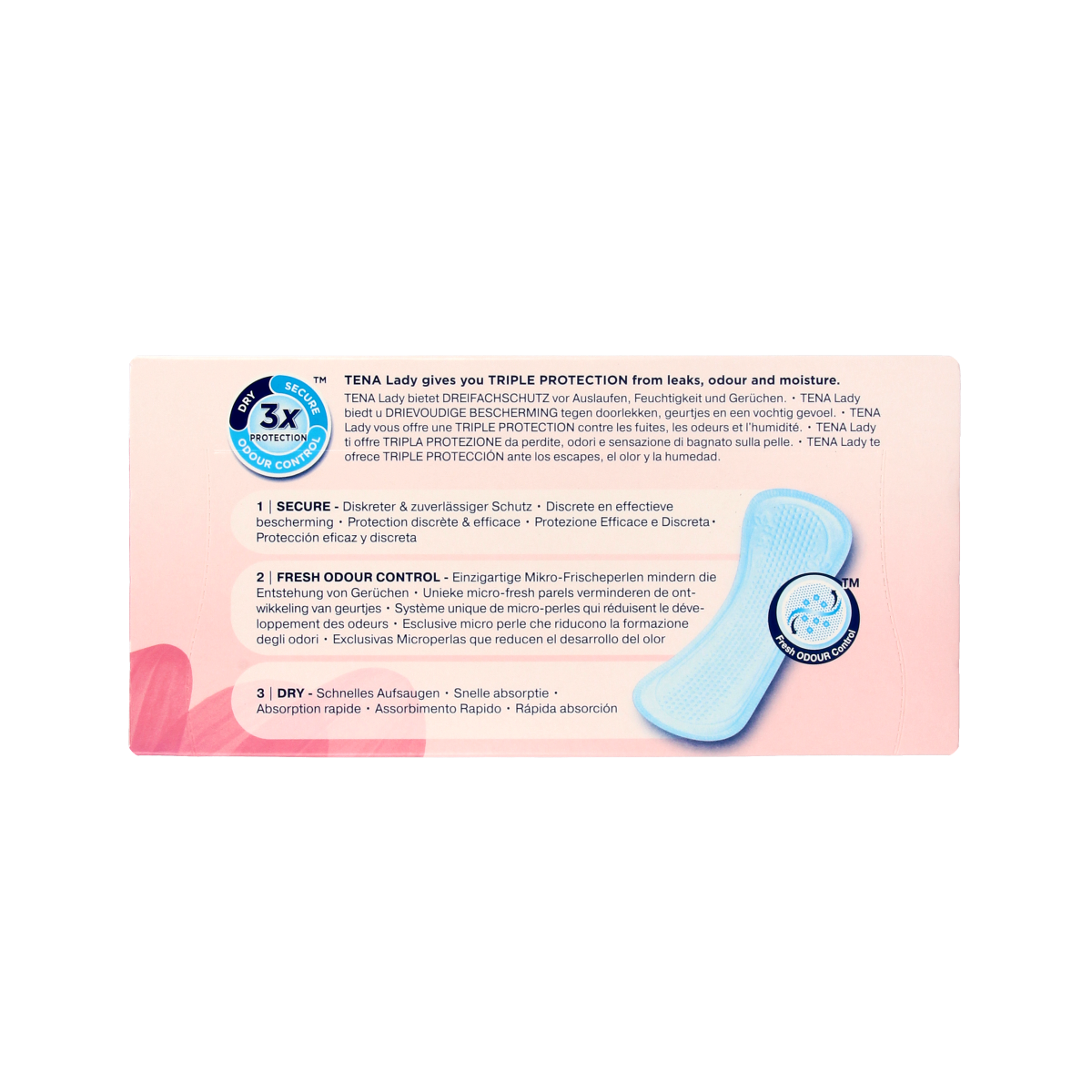 Tena Lady Ultra Mini incontinent pads with 28 pieces, discreet and absorbent for light urinary leakage, shown in packaging.