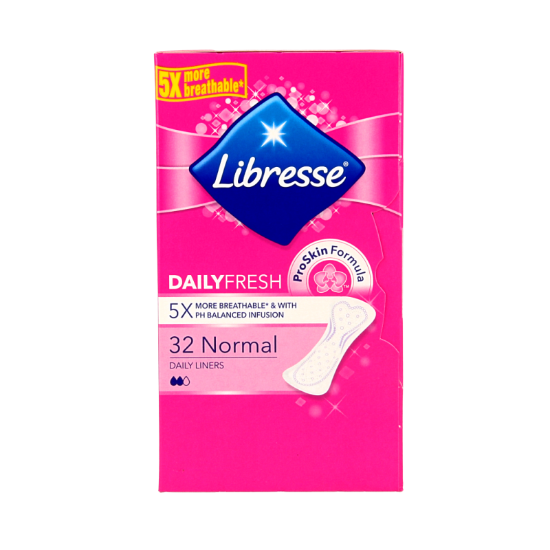 Libresse inleg normaal 32 stuks, damesverband en tampons, showing a box of feminine hygiene products.