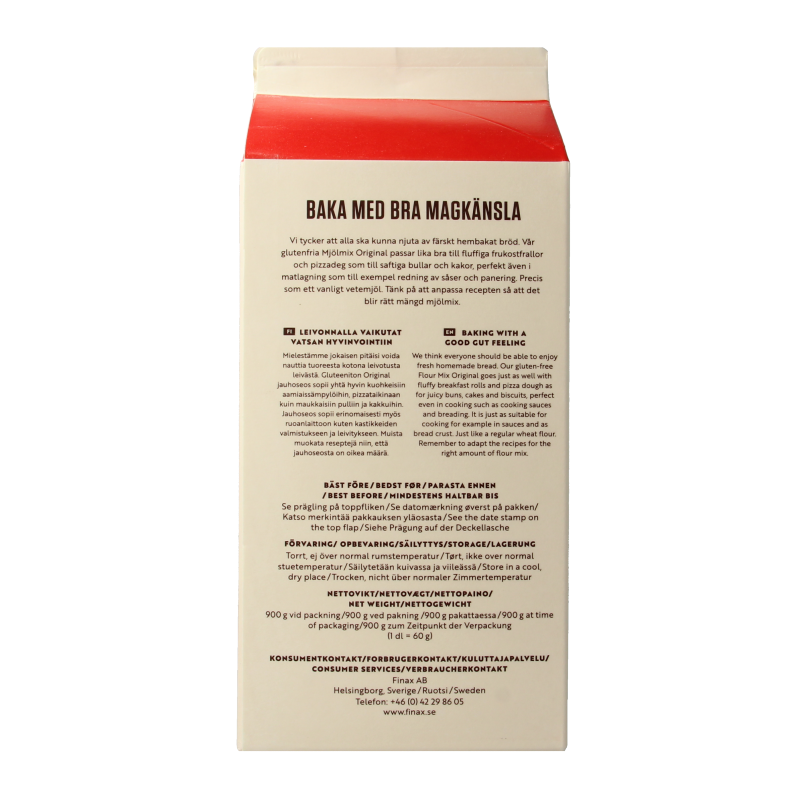 Finax gluten-free bread mix in a 900g bag, packaged in a resealable pouch, suitable for baking gluten-free bread and baked goods.