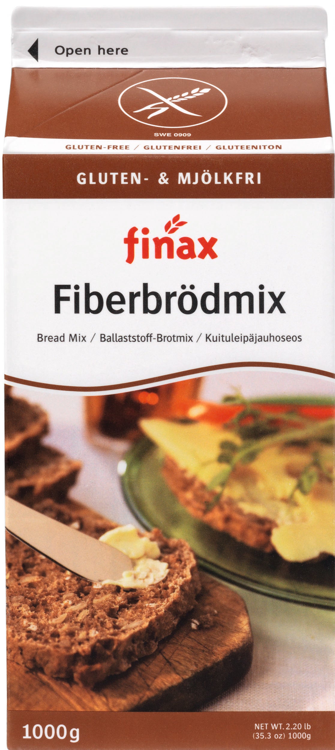 Finax Broodmix bruin vezelrijk glutenvrij in 1 kg package, gluten-free baking mix with high fiber content, suitable for bread making.