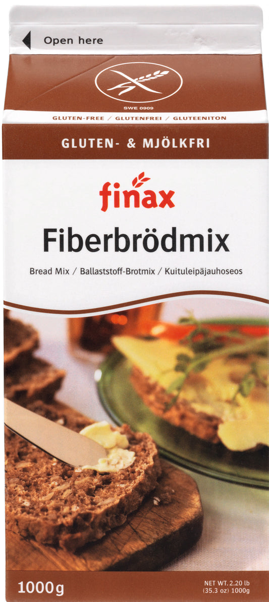 Finax Broodmix bruin vezelrijk glutenvrij in 1 kg package, gluten-free baking mix with high fiber content, suitable for bread making.
