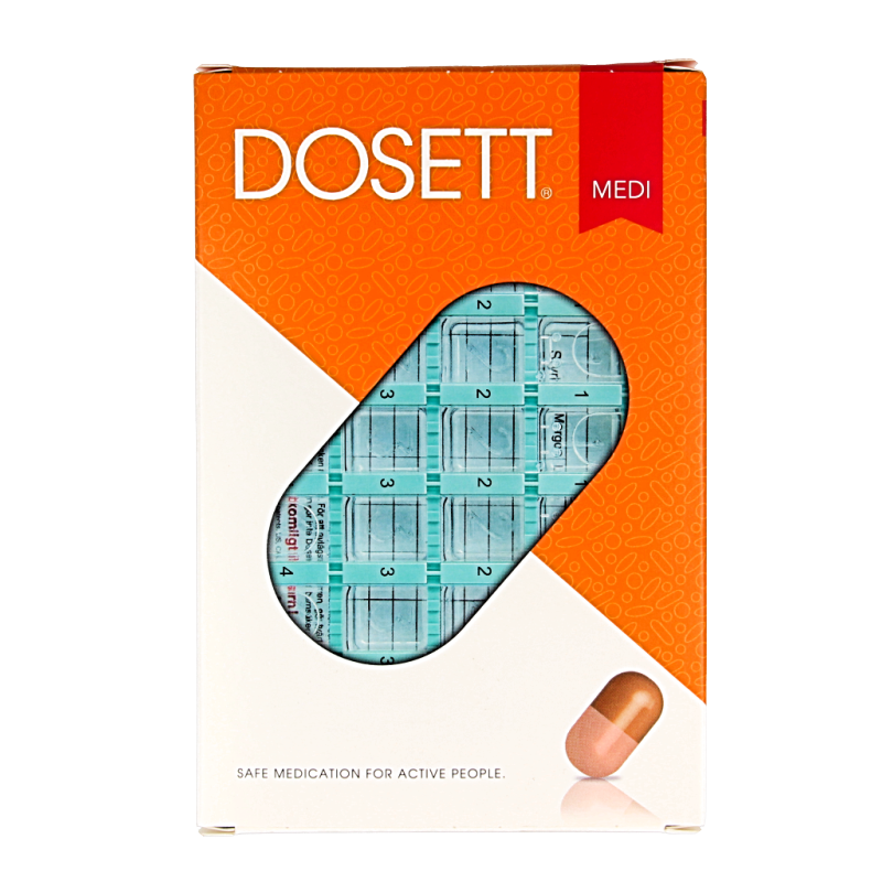 Dosett medicatie doseerbox medicator with labeled compartments for organized pill storage, shown in the image.