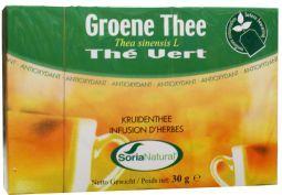 Soria Natural green tea infusion box with 20 tea bags, featuring fresh green tea leaves and herbal packaging.