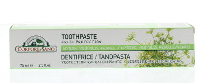 Corpo Sano Propolis toothpaste tube, 75ml, showing the white and green packaging with natural ingredients on the label.