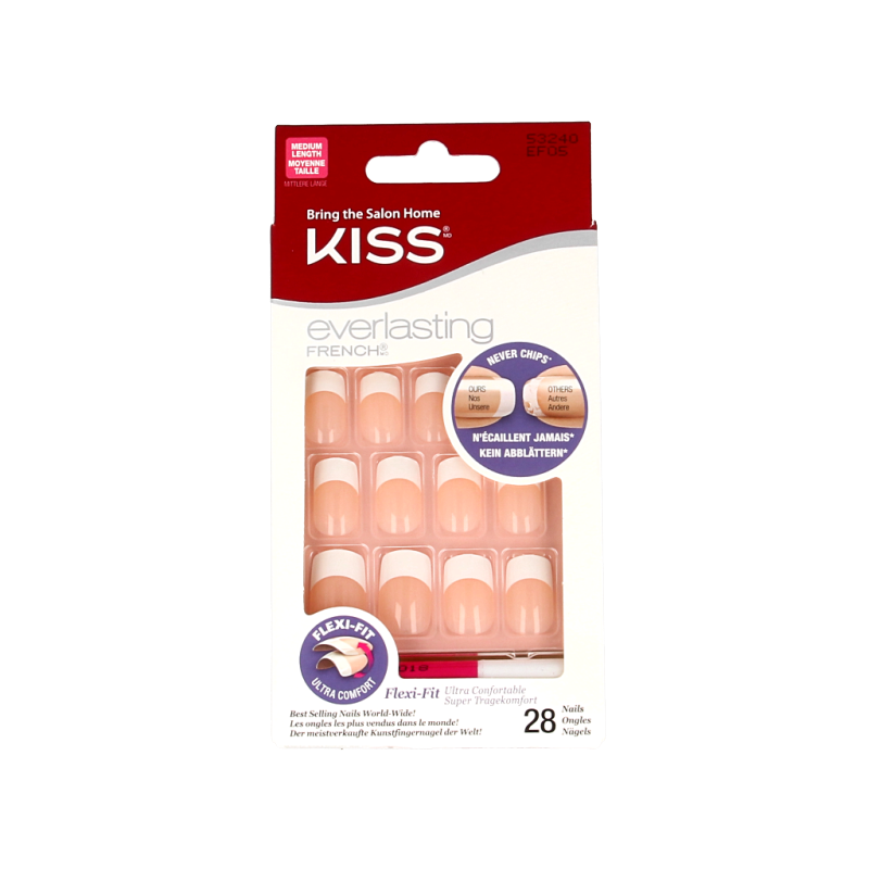 Kiss French nail kit infinite 1.00 set with nail tips, adhesive, and tools for professional French manicure application.