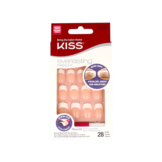 Kiss French nail kit infinite 1.00 set with nail tips, adhesive, and tools for professional French manicure application.