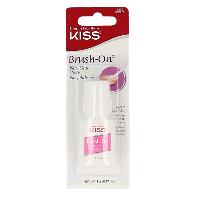 Kiss Make-Up Nail Glue with Brush, 1.00 oz, close-up of the clear adhesive and applicator brush for nail enhancement.