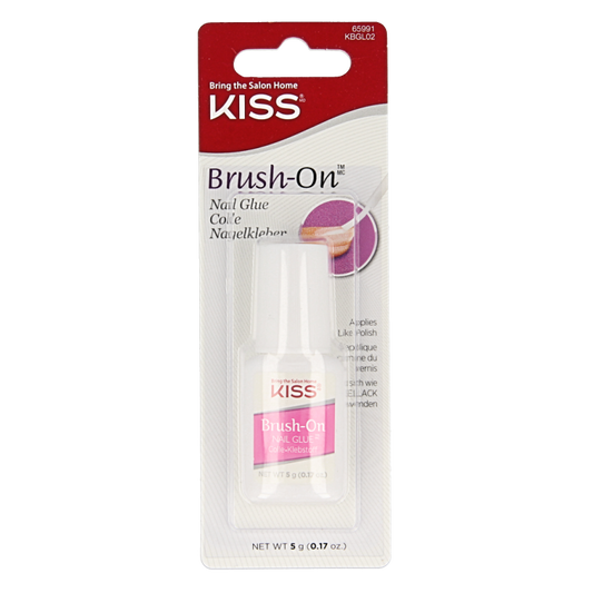 Kiss Make-Up Nail Glue with Brush, 1.00 oz, close-up of the clear adhesive and applicator brush for nail enhancement.