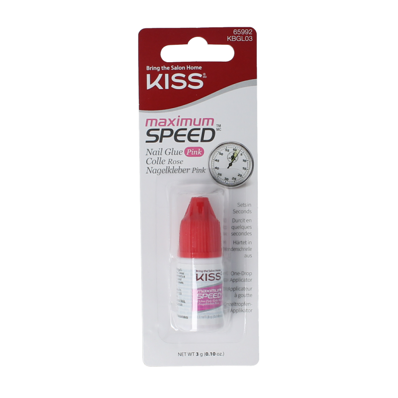 Kiss Nail Glue Max Speed Pink bottle for quick nail application, 1.00 oz, with a pink cap and label, used for professional nail bonding.