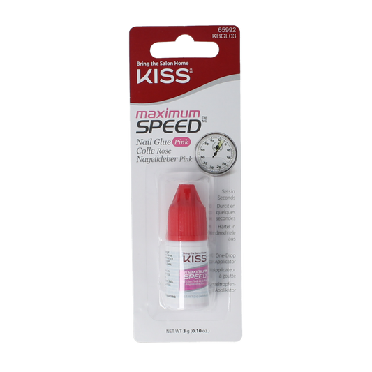 Kiss Nail Glue Max Speed Pink bottle for quick nail application, 1.00 oz, with a pink cap and label, used for professional nail bonding.