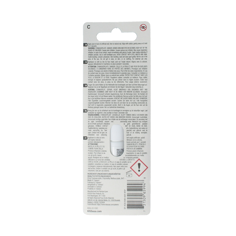 Kiss Nail Glue Precision 1.00 oz, a clear adhesive bottle for professional nail application and enhancement.
