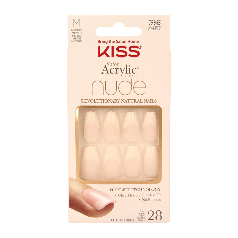 Kiss French nude acrylic nails set with Leilani design, showcasing elegant, natural-looking manicure with polished finish.