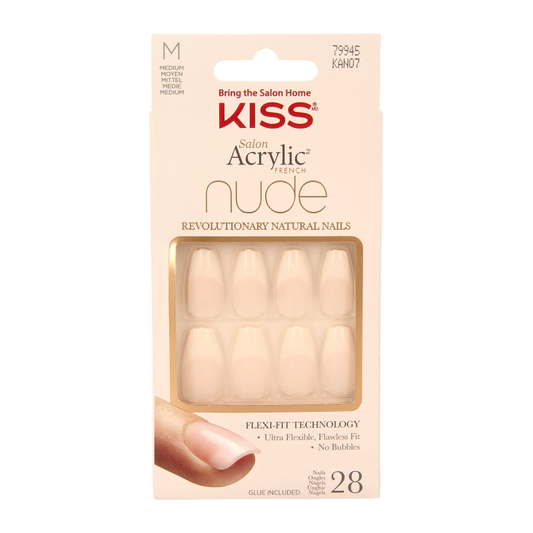 Kiss French nude acrylic nails set with Leilani design, showcasing elegant, natural-looking manicure with polished finish.