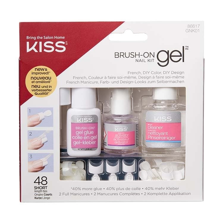Kiss Brush On Gel Kit for makeup with brushes and gel applicators, perfect for professional or personal nail enhancements.