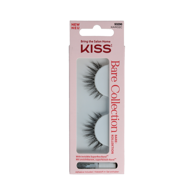 Kiss Bare Wimpers Collection 02 1.00 Set makeup false eyelashes for natural, full lash look, shown in packaging.