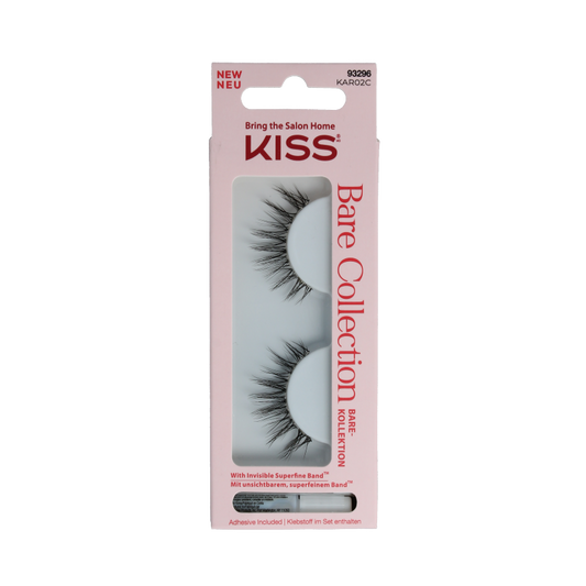 Kiss Bare Wimpers Collection 02 1.00 Set makeup false eyelashes for natural, full lash look, shown in packaging.