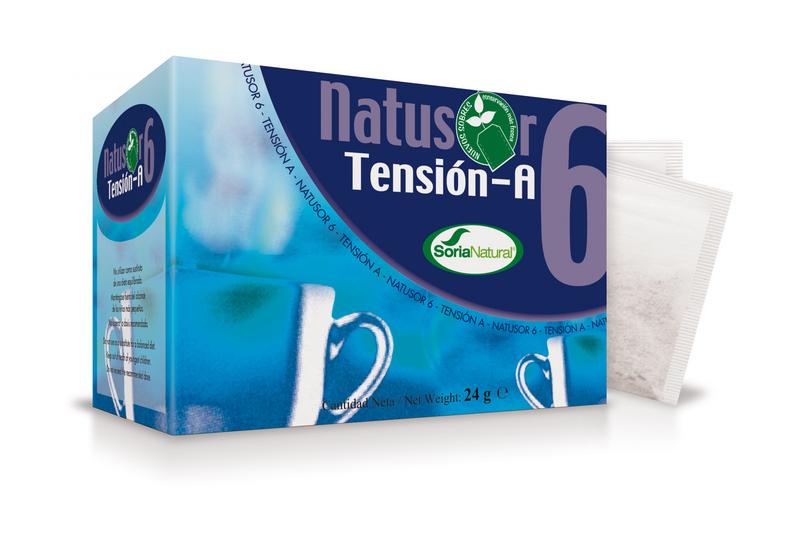 Soria Natural Tension A nr. 6 tea bags in a box, herbal tea blend for relaxation, displayed in front of the packaging