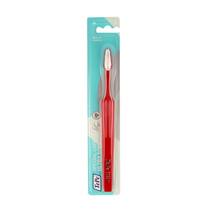 TePe special care toothbrush with soft bristles, designed for gentle cleaning, shown in a single white toothbrush image.
