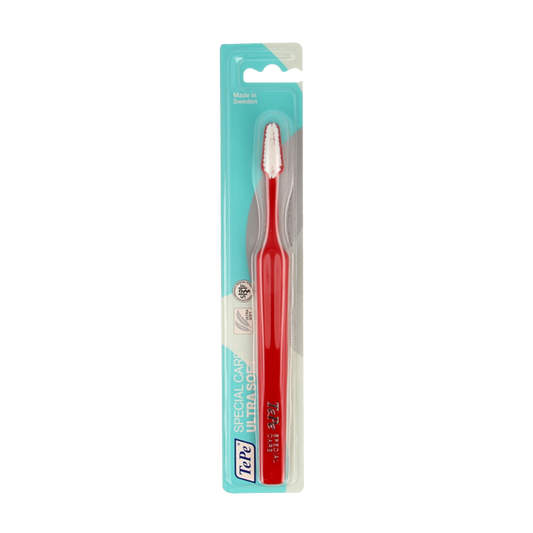 TePe special care toothbrush with soft bristles, designed for gentle cleaning, shown in a single white toothbrush image.