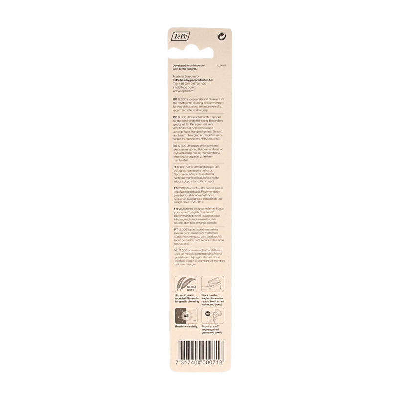 TePe Special Care toothbrush with soft bristles, designed for gentle dental cleaning, shown in close-up image.