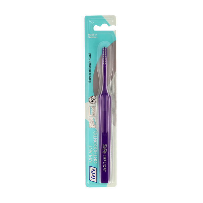 TePe orthodontic toothbrush for dental implants, single toothbrush with small head and soft bristles for effective cleaning.
